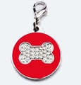 Medaglietta rotonda rossa per animali con osso di strass e chiusura a moschettone argento - Stile Osso Rosso