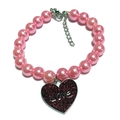 Pink pearl pet collar with silver heart charm and Love engraving for small cats - L / 33.5cm / Deep Pink