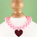 Cute pink faux pearl pet collar with a red glitter heart pendant and Love engraving - L / 33.5cm / Deep Pink 2