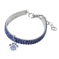 Elastic silver pet collar with double-row blue rhinestones and paw print pendant - S19.5CM / Blue