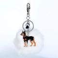 Porte-clés Doberman avec breloque émaillée, pendentif patte et pompon blanc en peluche - Doberman