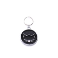 Detailed close-up of a round black enamel cat ID tag with pink heart and silver ring - 25mm / Black