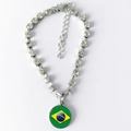Silver chain pet collar with sparkling rhinestones and a Brazil flag round pendant - S / Brazil