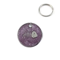 Round purple glitter pet ID tag with silver fish bone motif and metal ring attachment - Purple