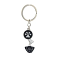 Minimalist Pug metal keychain with black round paw and white bone charms on silver ring - 32 Pug