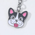 Cartoon French Bulldog enamel keychain with silver metal chain on white background - Black and White French Bulldog (Double Sided)