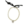 Collar de perlas para mascotas con colgante de huella de diamantes y lazo negro decorativo - S / Blanco