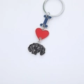 Detailed view of enamel keychain with I love dog pendants including a black lab and red heart - Retriever