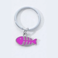 Modern silver fishbone keychain with purple enamel fill on a stainless steel ring - Rose Red