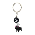Detail of metal keychain featuring a black French bulldog, white bone, and paw print pendant - Black Frenchie
