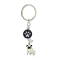 Detail of silver metal pet keychain with pug, paw print, and bone pendants - Pug