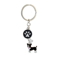 Detail of metal pet keychain featuring a Boston Terrier charm, paw print, and white bone - Chihuahua Black