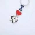 Cartoon dalmatian dog keychain with red heart and blue letter charm in enamel metal finish - Spotted Stone