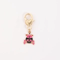 Porte-clés doré avec crâne en émail noir, couronne rose et yeux en forme de cœur - Squelette Rose