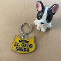 Yellow cat head shaped pet ID tag with El Gato Gordo text and fishbone icon - Yellow