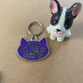 Purple cat head shaped metal pet ID tag with fishbone pattern and silver edge - Purple