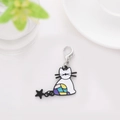 Cartoon white cat keychain with colorful geometric patterns and black star charm - Cat