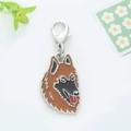 Dog head pendant keychain with brown enamel finish and silver lobster clasp - Long Haired Belgian Tervuren Head Style (20)