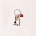 Cute Corgi cartoon metal keychain with red heart charm in yellow and white finish - Sitting Chubby Corgi