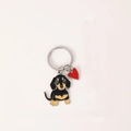 Zinc alloy dachshund keychain with black dog pattern and small red heart pendant charm - Black and Yellow Chubby Dachshund