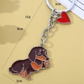 Brown enamel dachshund metal keychain with red heart charm and silver ring - Brown Waving Dachshund