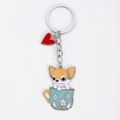 Cute Chihuahua puppy in a teacup keychain with red heart charm and silver metal ring - Chihuahua In Teacup With Heart