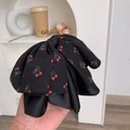 Close-up of black bow hair clip with red cherry pattern and layered chiffon fabric texture - Large Bow Hair Clip