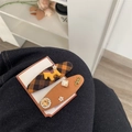 Retro yellow plaid hair clip set with cute puppy and handmade floral details on denim - Orange Pony Plaid Style