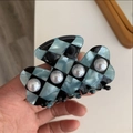 Blue and black checkered acetate hair claw clip with pearl accents and durable spring - Flower Shaped Checkerboard Artificial Pearl Hair Claw (D1-008) / 7cm x 3.5cm / Blue