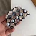 Brown and black checkerboard acetate hair claw clip with white faux pearls detail - Arc Shaped Checkerboard Artificial Pearl Hair Claw (D1-008) / 8.3cm x 4cm / Brown