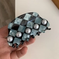 Blue and black checkerboard hair claw clip with white pearls on high-quality acetate - Arc Shaped Checkerboard Artificial Pearl Hair Claw (D1-008) / 8.3cm x 4cm / Blue