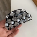 Checkerboard pattern hair claw clip with white pearls and acetate geometric design - Arc Shaped Checkerboard Artificial Pearl Hair Claw (D1-008) / 8.3cm x 4cm / Gray