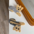 Detail view of acetate Yorkshire Terrier hair clips with golden metal duckbill clips - Yorkshire Terrier