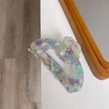 Detailed close-up of marble acetate hair claw clip with floral 3D decor and crystals - Light Blue Texture Flower Style (F2-042)