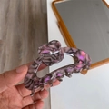 Detail of marble pattern acetate hair claw with crystal-embellished 3D flower - Purple Black Flower Style (F2-042)