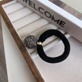 Detail of high-elastic black hair tie with dark grey rhinestone ball and gold metal clasp - Rhinestone Ball Style