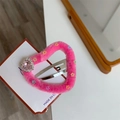 Fermaglio per capelli a cuore di peluche rosa con strass e stelle su carta espositiva - Cuore (D2-089) / Rosso