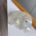 Macro shot of iridescent white acetate elephant hair claw clip with handmade lettering - Iridescent White Elephant Claw