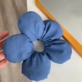 Oversized denim blue floral scrunchie with five-petal design and sponge texture - 18cm x 4cm / Dark Blue