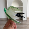 Detailed view of swallow hair claw clip in green and beige acetate material - Large / Green Swallow Claw Clip