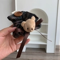 Detailed shot of dark green plaid scrunchie with plush bear, wooden button and satin ribbon - Blue Coffee Plaid