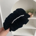 Detail showing elegant black velvet pleated hair clip with rows of white pearls - Black Velvet Pearl Spring Clip