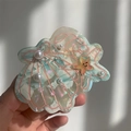 Acetate shell hair claw with green marble texture, pearls and starfish accent - 8.5cm x 6cm / Blue Patterned