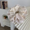 Detail of large brown striped scrunchie featuring cream lace embroidery and a soft texture - Beige Striped Scrunchie (Diameter 19cm, Weight 31g)