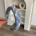 Detailed view of the blue and white checkered sponge headband with anti-slip inner lining - Wide Plaid