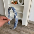 Detail of blue and white checkered pattern fabric on a slim minimalist headband - Narrow Plaid