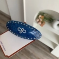 Blue denim texture oval hair clip with sparkling rhinestones and white flower detail - Denim Blue