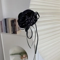 Pinza per capelli a fiore con pois neri in stile retrò francese e nastro lungo - Fermaglio per Capelli a Pois Neri / Nero