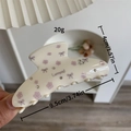 Floral hair claw clip in creamy white with pink bow patterns and sparkling rhinestones - Floral Curved Clip
