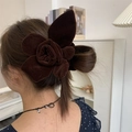 Elegant dark brown velvet flower hair scrunchie with a large 3D rose design for women - Flower Style / Brown